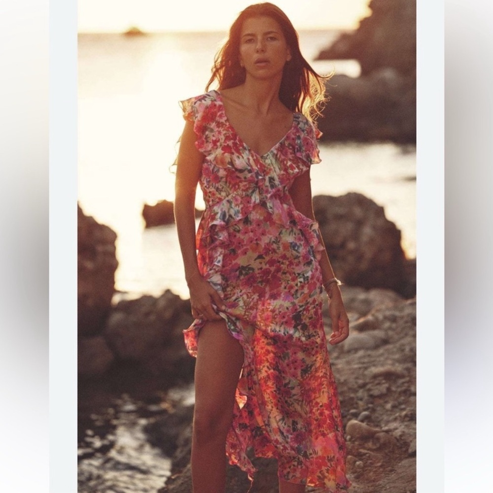 Zara Ruffle Floral Midi Dress Size L
